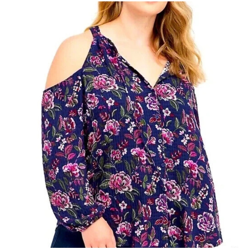 Torrid Blue and Pink Floral Cold Shoulder 3/4 Sleeve Blouse EUC 2X - Picture 3 of 11